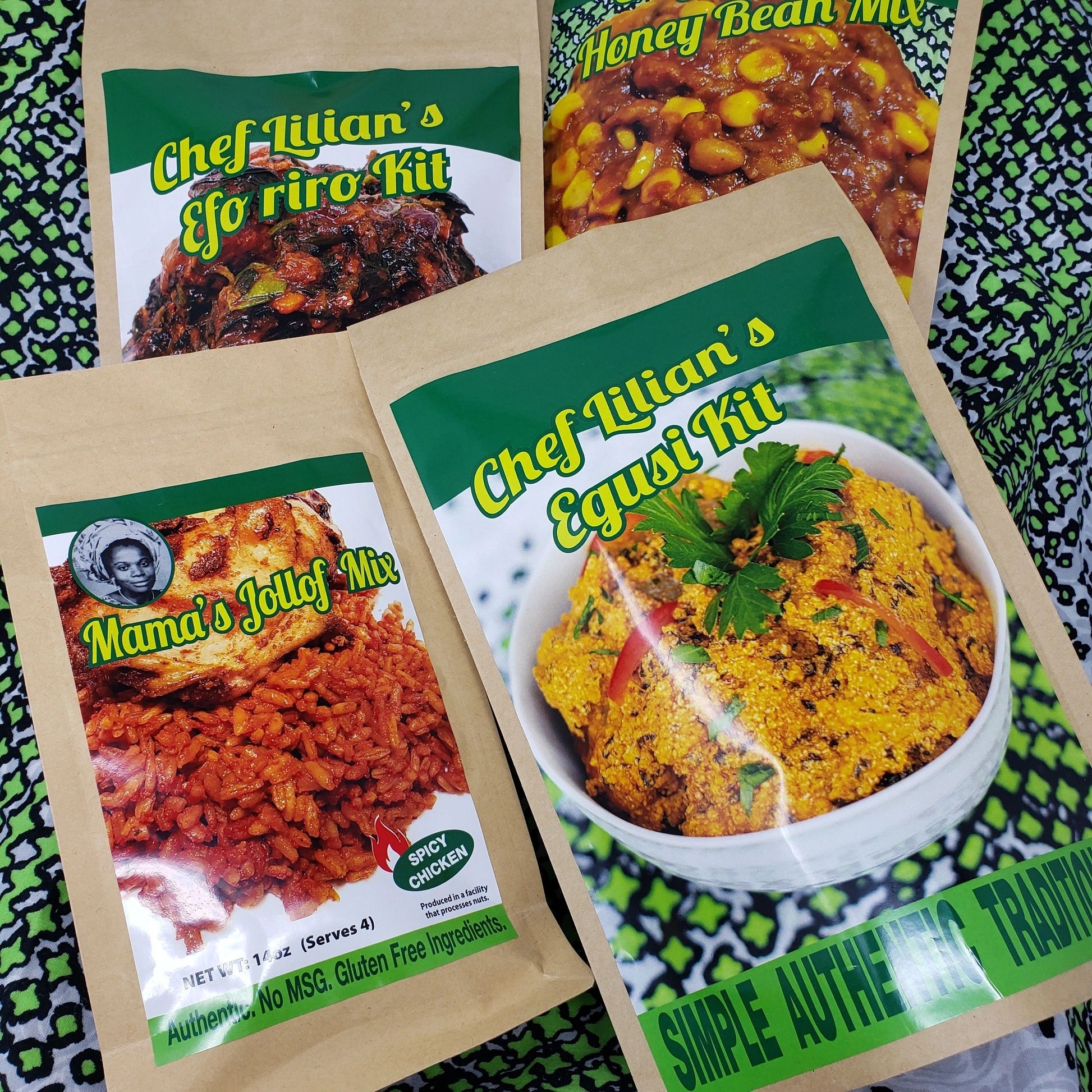 Chef Lilian's Traditional Box | 4 Kits | Egusi | Efo Riro | Jollof Rice | Honey Bean Mix