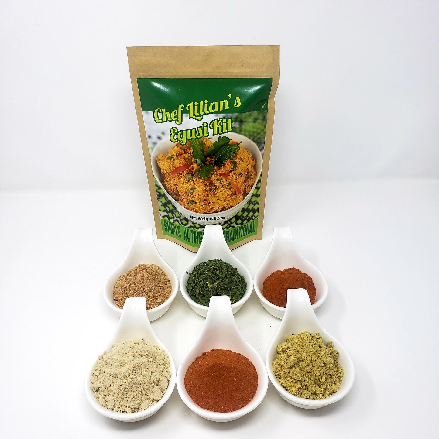 Chef Lilian's Egusi Kit- Nigerian West African Food Kit with Ground Melon Seeds (Egusi), Freeze Dried Spinach, Traditional Chicken Bouillon, Hot Chili Powder